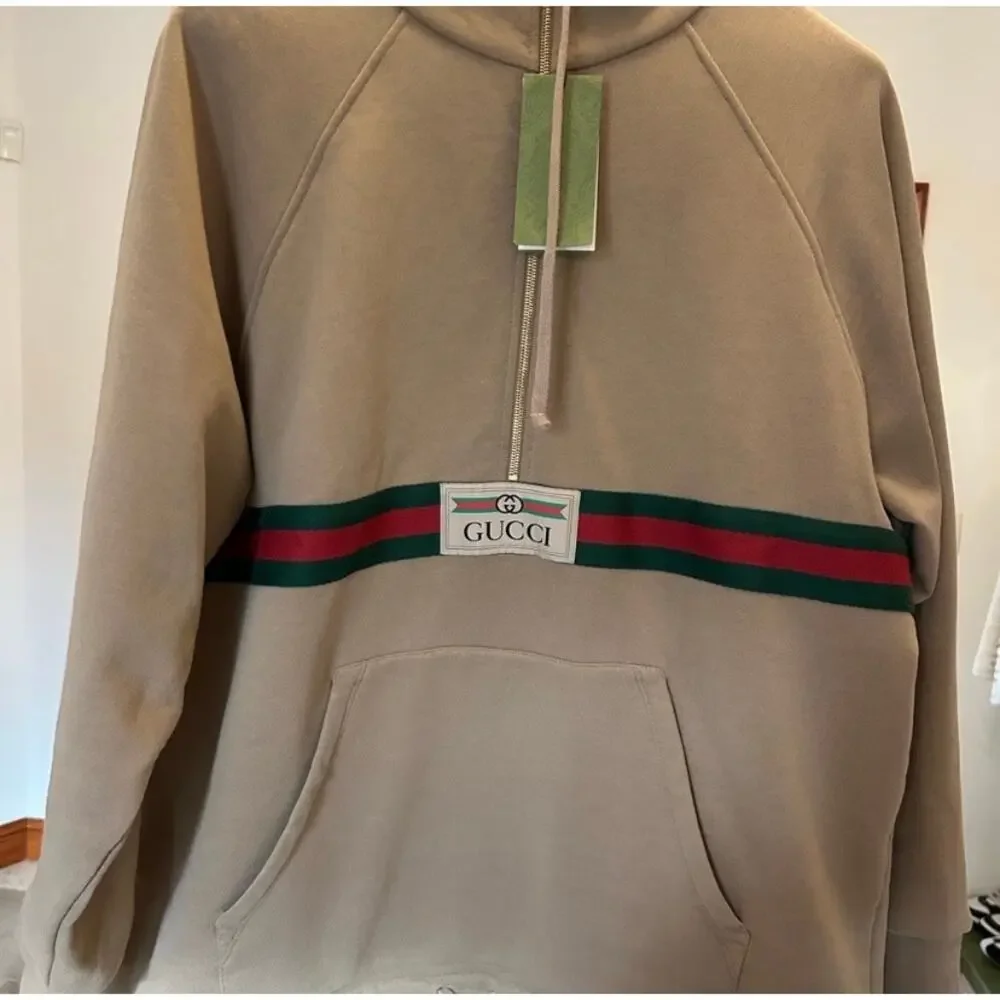 Men's Gucci web striped half zip cotton hoodie size XXL made in Italy NWT